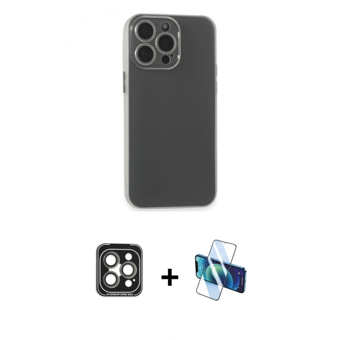 MARSİLYAN™- iPhone 15 Pro Max Kılıf Atlas Minimal Prime - Siyah 3D Antistatik Seramik Nano Ekran Koruyucu + PVD Metal Kamera Lens - GI