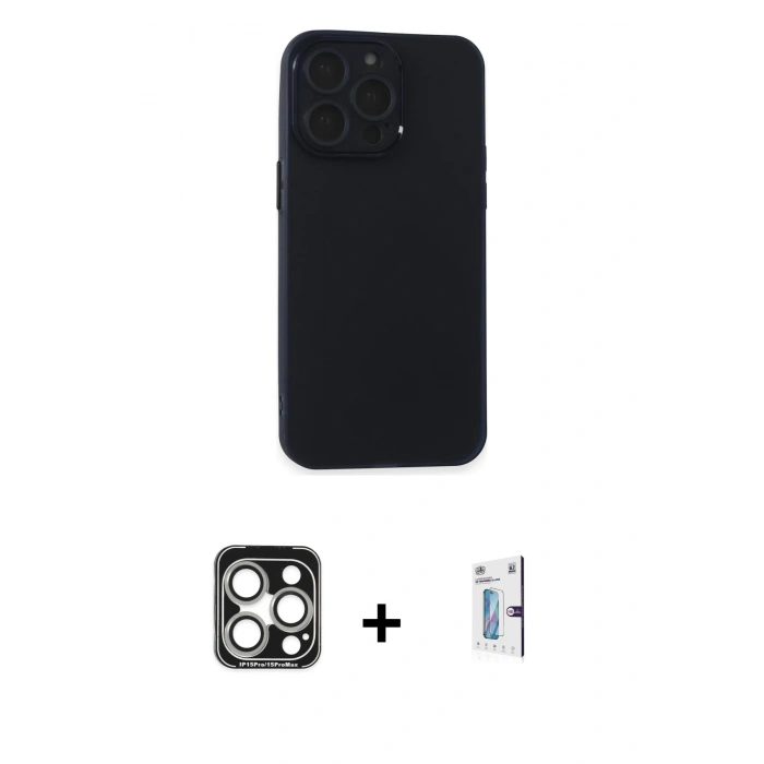 MARSİLYAN™- iPhone 15 Pro Max Kılıf Atlas Minimal Prime - Siyah Bilvis 0.18mm Plus Cam Ekran Koruyucu + PVD Metal Kamera Lens - GS