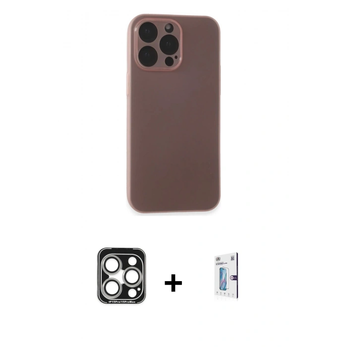 MARSİLYAN™- iPhone 15 Pro Max Kılıf Atlas Minimal Prime - Siyah Bilvis 0.18mm Plus Cam Ekran Koruyucu + PVD Metal Kamera Lens - GS
