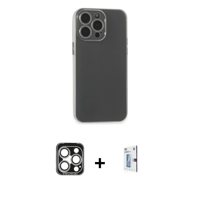 MARSİLYAN™- iPhone 15 Pro Max Kılıf Atlas Minimal Prime - Siyah Bilvis 0.18mm Plus Cam Ekran Koruyucu + PVD Metal Kamera Lens - GS