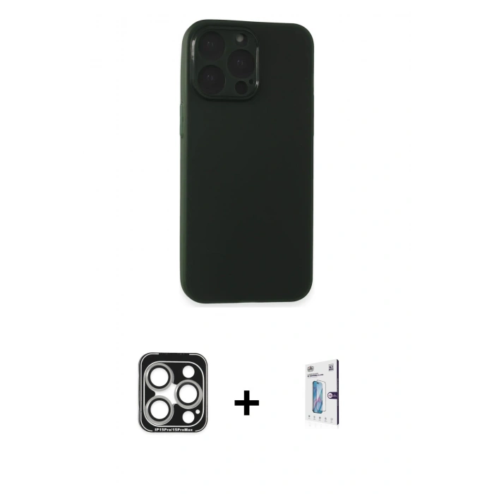 MARSİLYAN™- iPhone 15 Pro Max Kılıf Atlas Minimal Prime - Siyah Bilvis 0.18mm Plus Cam Ekran Koruyucu + PVD Metal Kamera Lens - GS