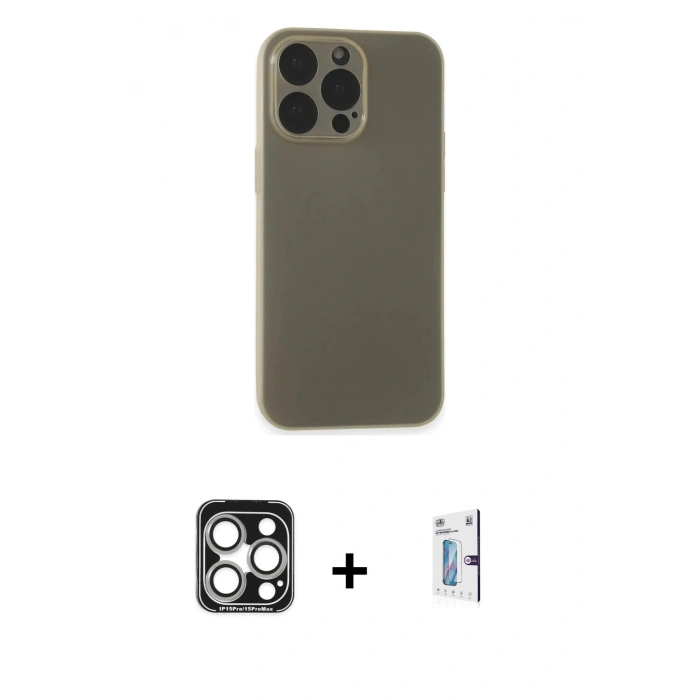 MARSİLYAN™- iPhone 15 Pro Max Kılıf Atlas Minimal Prime - Siyah Bilvis 0.18mm Plus Cam Ekran Koruyucu + PVD Metal Kamera Lens - GS