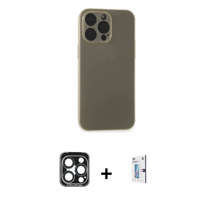 MARSİLYAN™- iPhone 15 Pro Max Kılıf Atlas Minimal Prime - Siyah Bilvis 0.18mm Plus Cam Ekran Koruyucu + Lacivert PVD Metal Kamera Lens