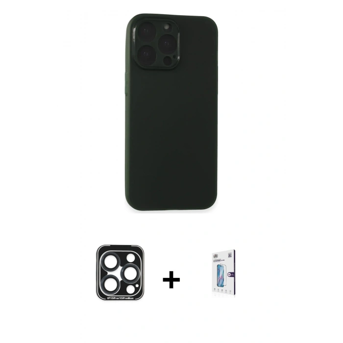 MARSİLYAN™- iPhone 15 Pro Max Kılıf Atlas Minimal Prime - Siyah Bilvis 0.18mm Plus Cam Ekran Koruyucu + Lacivert PVD Metal Kamera Lens