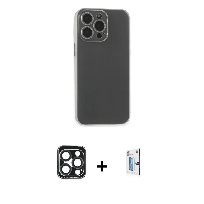 MARSİLYAN™- iPhone 15 Pro Max Kılıf Atlas Minimal Prime - Siyah Bilvis 0.18mm Plus Cam Ekran Koruyucu + Lacivert PVD Metal Kamera Lens