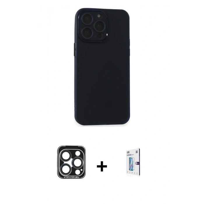 MARSİLYAN™- iPhone 15 Pro Max Kılıf Atlas Minimal Prime - Siyah Bilvis 0.18mm Plus Cam Ekran Koruyucu + Lacivert PVD Metal Kamera Lens