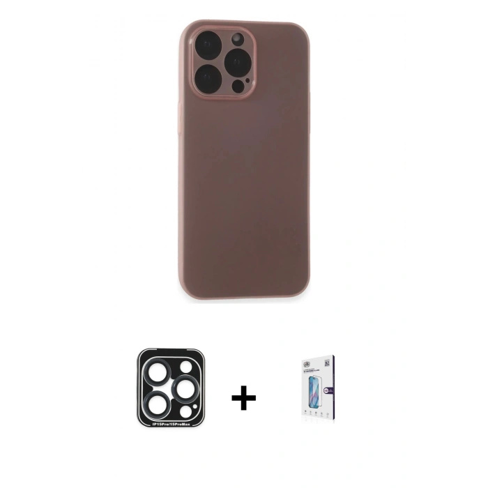 MARSİLYAN™- iPhone 15 Pro Max Kılıf Atlas Minimal Prime - Siyah Bilvis 0.18mm Plus Cam Ekran Koruyucu + Lacivert PVD Metal Kamera Lens