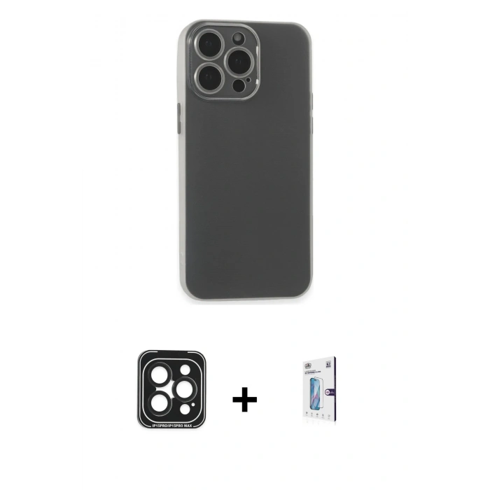 MARSİLYAN™- iPhone 15 Pro Max Kılıf Atlas Minimal Prime - Siyah Bilvis 0.18mm Plus Cam Ekran Koruyucu + PVD Metal Kamera Lens - SH