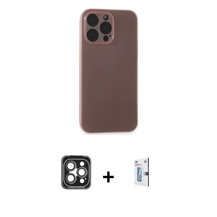MARSİLYAN™- iPhone 15 Pro Max Kılıf Atlas Minimal Prime - Siyah Bilvis 0.18mm Plus Cam Ekran Koruyucu + PVD Metal Kamera Lens - GI