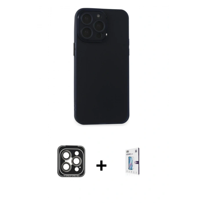 MARSİLYAN™- iPhone 15 Pro Max Kılıf Atlas Minimal Prime - Siyah Bilvis 0.18mm Plus Cam Ekran Koruyucu + PVD Metal Kamera Lens - GI
