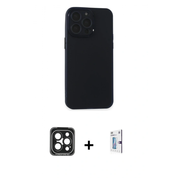 MARSİLYAN™- iPhone 15 Pro Max Kılıf Atlas Minimal Prime - Siyah Bilvis 0.18mm Plus Cam Ekran Koruyucu + PVD Metal Kamera Lens - SH