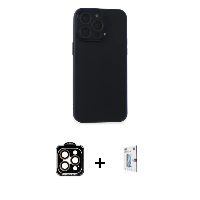 MARSİLYAN™- iPhone 15 Pro Max Kılıf Atlas Minimal Prime - Siyah Bilvis 0.18mm Plus Cam Ekran Koruyucu + PVD Metal Kamera Lens - TU