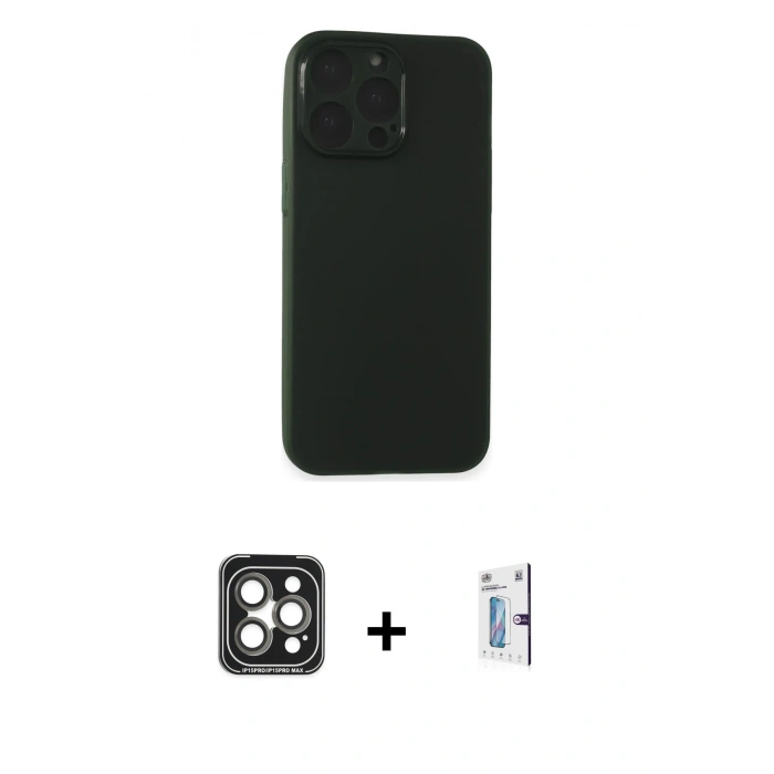 MARSİLYAN™- iPhone 15 Pro Max Kılıf Atlas Minimal Prime - Siyah Bilvis 0.18mm Plus Cam Ekran Koruyucu + PVD Metal Kamera Lens - GI