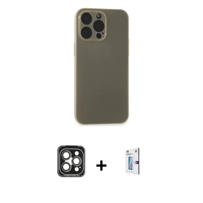 MARSİLYAN™- iPhone 15 Pro Max Kılıf Atlas Minimal Prime - Siyah Bilvis 0.18mm Plus Cam Ekran Koruyucu + PVD Metal Kamera Lens - GI
