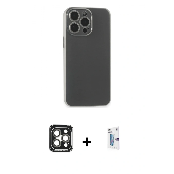 MARSİLYAN™- iPhone 15 Pro Max Kılıf Atlas Minimal Prime - Siyah Bilvis 0.18mm Plus Cam Ekran Koruyucu + PVD Metal Kamera Lens - GI