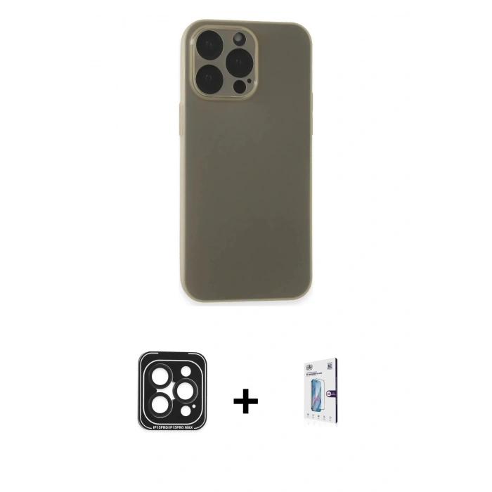 MARSİLYAN™- iPhone 15 Pro Max Kılıf Atlas Minimal Prime - Siyah Bilvis 0.18mm Plus Cam Ekran Koruyucu + PVD Metal Kamera Lens - SH