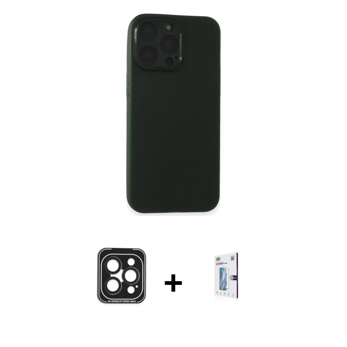 MARSİLYAN™- iPhone 15 Pro Max Kılıf Atlas Minimal Prime - Siyah Bilvis 0.18mm Plus Cam Ekran Koruyucu + PVD Metal Kamera Lens - SH