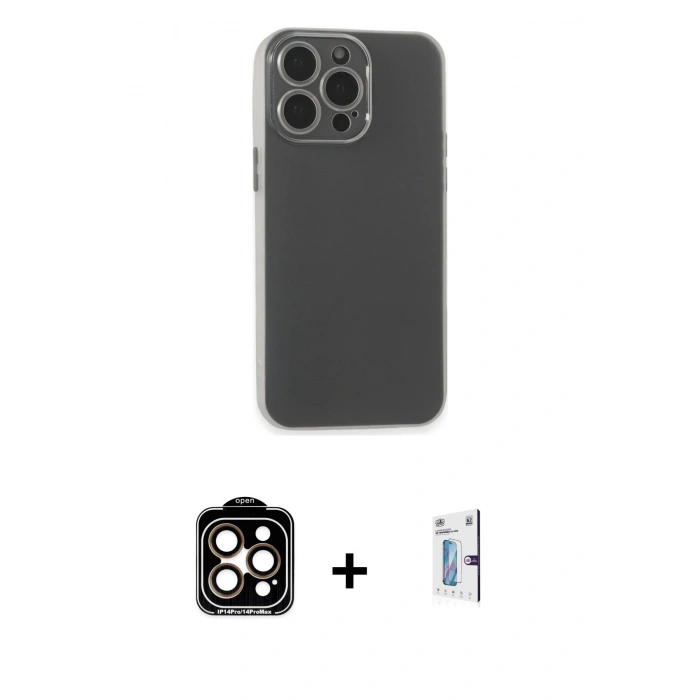 MARSİLYAN™- iPhone 15 Pro Max Kılıf Atlas Minimal Prime - Siyah Bilvis 0.18mm Plus Cam Ekran Koruyucu + PVD Metal Kamera Lens - TU