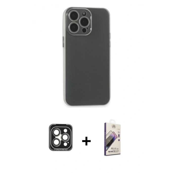 MARSİLYAN™- iPhone 15 Pro Max Kılıf Atlas Minimal Prime - Siyah Bilvis 3D Mat Cam Ekran Koruyucu + PVD Metal Kamera Lens - GI