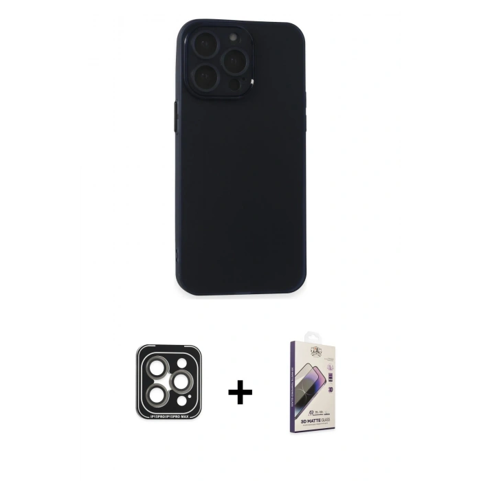 MARSİLYAN™- iPhone 15 Pro Max Kılıf Atlas Minimal Prime - Siyah Bilvis 3D Mat Cam Ekran Koruyucu + PVD Metal Kamera Lens - GI