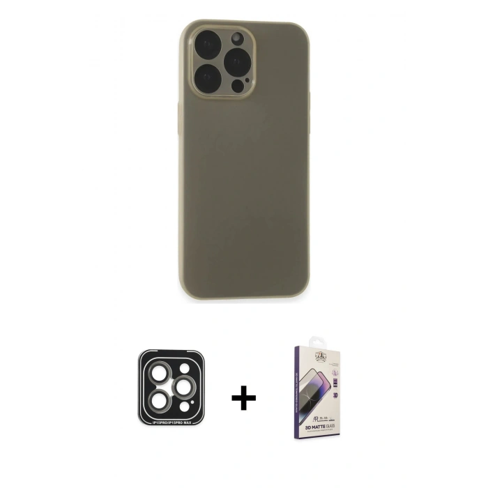 MARSİLYAN™- iPhone 15 Pro Max Kılıf Atlas Minimal Prime - Siyah Bilvis 3D Mat Cam Ekran Koruyucu + PVD Metal Kamera Lens - GI