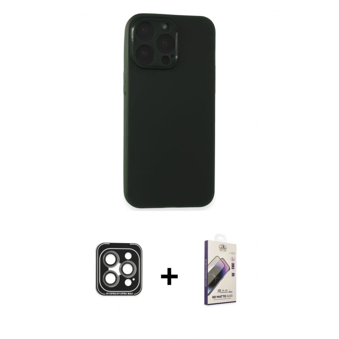 MARSİLYAN™- iPhone 15 Pro Max Kılıf Atlas Minimal Prime - Siyah Bilvis 3D Mat Cam Ekran Koruyucu + PVD Metal Kamera Lens - GI
