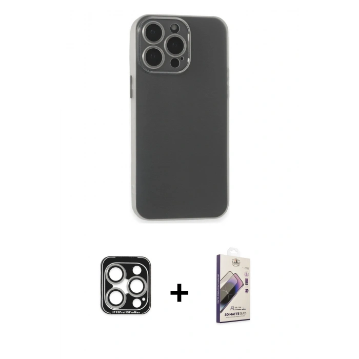 MARSİLYAN™- iPhone 15 Pro Max Kılıf Atlas Minimal Prime - Siyah Bilvis 3D Mat Cam Ekran Koruyucu + PVD Metal Kamera Lens - GS