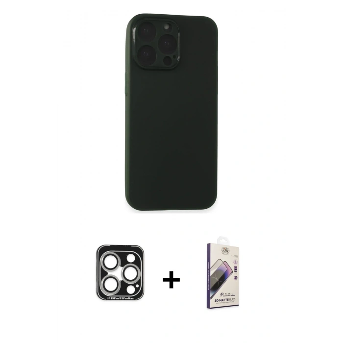 MARSİLYAN™- iPhone 15 Pro Max Kılıf Atlas Minimal Prime - Siyah Bilvis 3D Mat Cam Ekran Koruyucu + PVD Metal Kamera Lens - GS