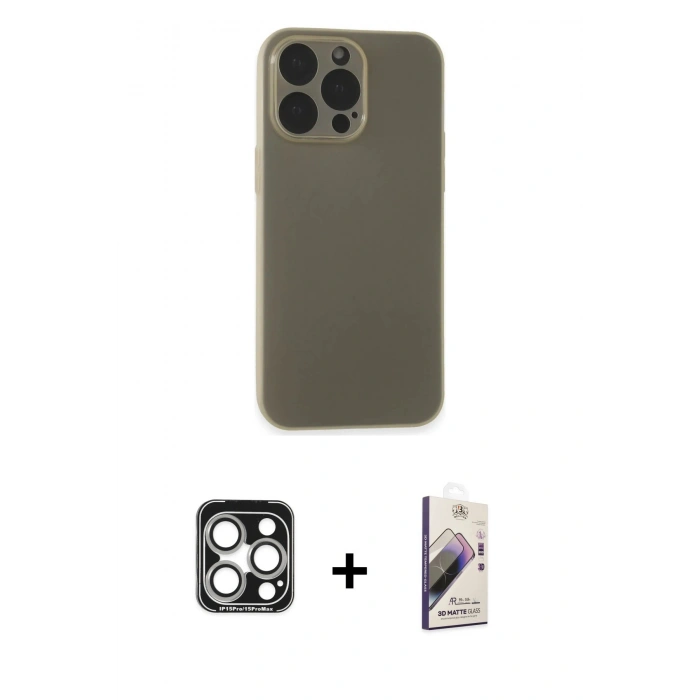MARSİLYAN™- iPhone 15 Pro Max Kılıf Atlas Minimal Prime - Siyah Bilvis 3D Mat Cam Ekran Koruyucu + PVD Metal Kamera Lens - GS