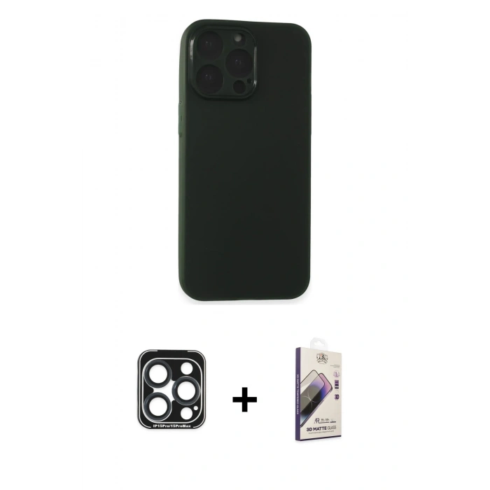 MARSİLYAN™- iPhone 15 Pro Max Kılıf Atlas Minimal Prime - Siyah Bilvis 3D Mat Cam Ekran Koruyucu + PVD Metal Kamera Lens - LT