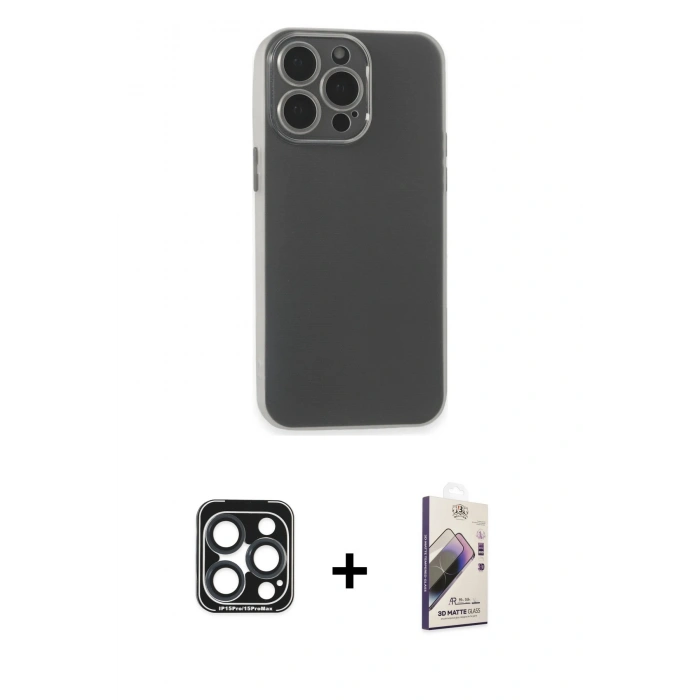 MARSİLYAN™- iPhone 15 Pro Max Kılıf Atlas Minimal Prime - Siyah Bilvis 3D Mat Cam Ekran Koruyucu + PVD Metal Kamera Lens - LT