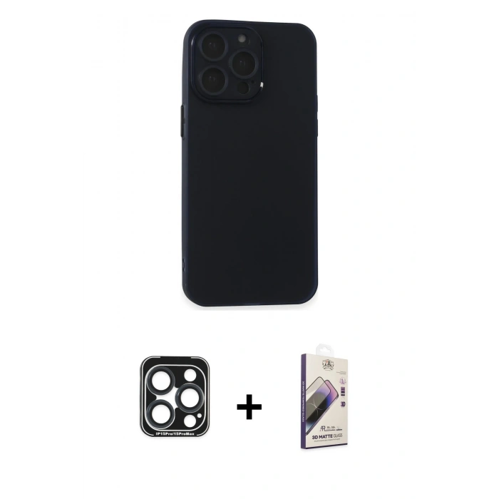 MARSİLYAN™- iPhone 15 Pro Max Kılıf Atlas Minimal Prime - Siyah Bilvis 3D Mat Cam Ekran Koruyucu + PVD Metal Kamera Lens - LT