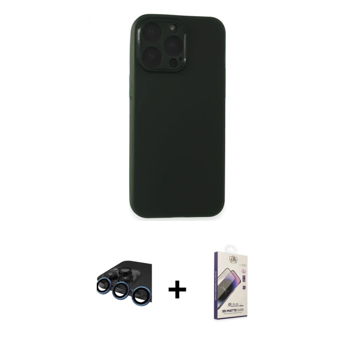 MARSİLYAN™- iPhone 15 Pro Max Kılıf Atlas Minimal Prime - Siyah Bilvis 3D Mat Cam Ekran Koruyucu + Raze Metal Kamera Lens - LT