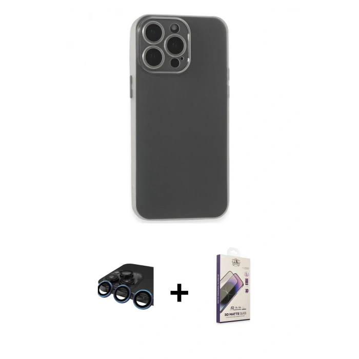 MARSİLYAN™- iPhone 15 Pro Max Kılıf Atlas Minimal Prime - Siyah Bilvis 3D Mat Cam Ekran Koruyucu + Raze Metal Kamera Lens - LT