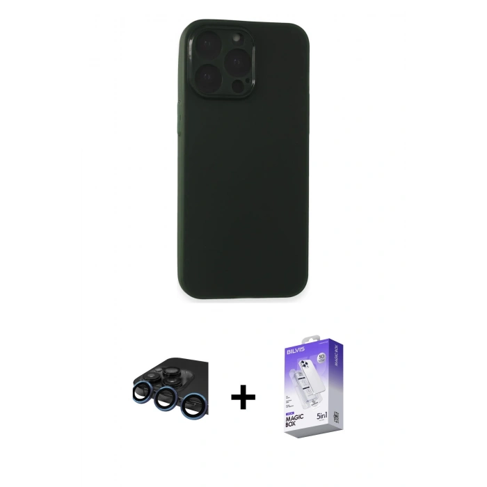 MARSİLYAN™- iPhone 15 Pro Max Kılıf Atlas Minimal Prime - Siyah Bilvis 5in1 3D Magic Cam Ekran Koruyucu + Raze Metal Kamera Lens - LT