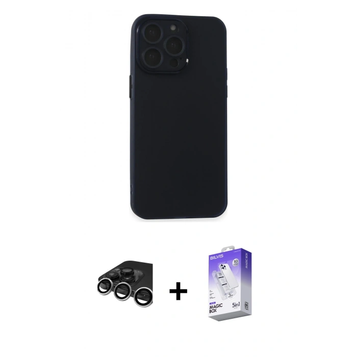 MARSİLYAN™- iPhone 15 Pro Max Kılıf Atlas Minimal Prime - Siyah Bilvis 5in1 3D Magic Cam Ekran Koruyucu + Raze Metal Kamera Lens - GS