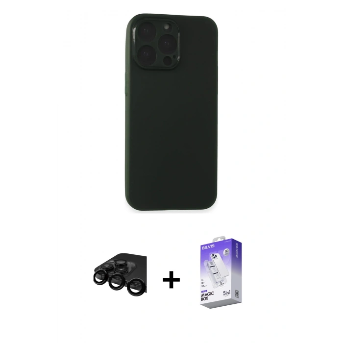 MARSİLYAN™- iPhone 15 Pro Max Kılıf Atlas Minimal Prime - Siyah Bilvis 5in1 3D Magic Cam Ekran Koruyucu + Raze Metal Kamera Lens - SH