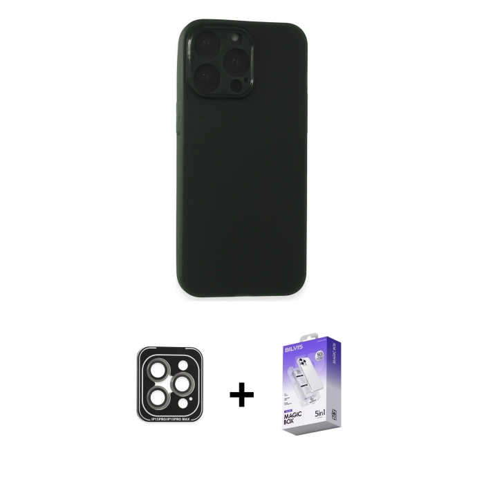 MARSİLYAN™- iPhone 15 Pro Max Kılıf Atlas Minimal Prime - Siyah Bilvis 5in1 3D Magic Cam Ekran Koruyucu + PVD Metal Kamera Lens - GI