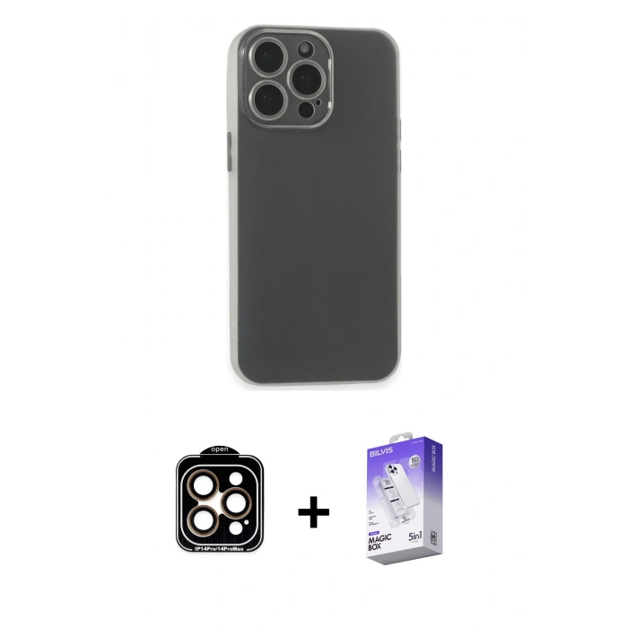 MARSİLYAN™- iPhone 15 Pro Max Kılıf Atlas Minimal Prime - Siyah Bilvis 5in1 3D Magic Cam Ekran Koruyucu + PVD Metal Kamera Lens - TU