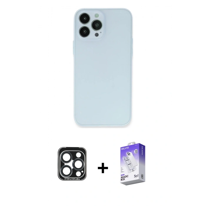 MARSİLYAN™- iPhone 15 Pro Max Kılıf Atlas Minimal Prime - Siyah Bilvis 5in1 3D Magic Cam Ekran Koruyucu + Lacivert PVD Metal Kamera Lens
