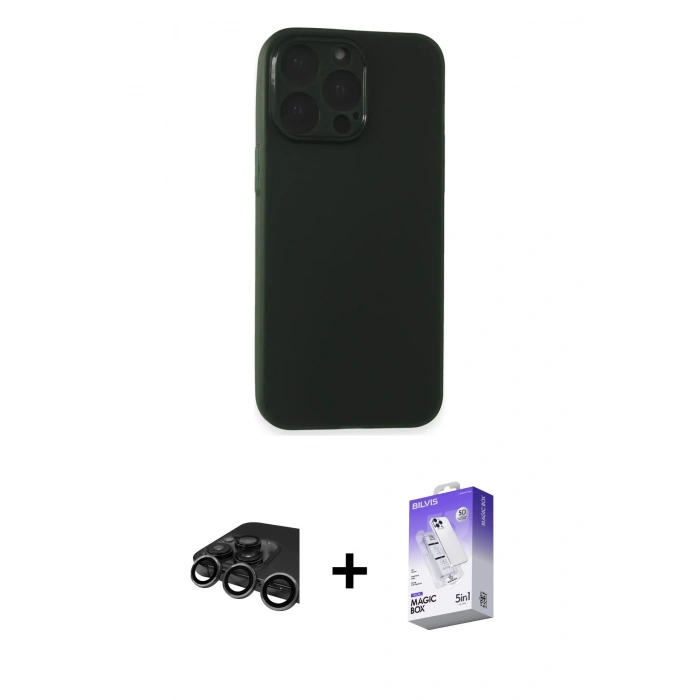 MARSİLYAN™- iPhone 15 Pro Max Kılıf Atlas Minimal Prime - Siyah Bilvis 5in1 3D Magic Cam Ekran Koruyucu + Raze Metal Kamera Lens - TMGI