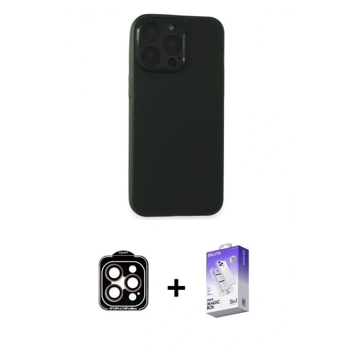 MARSİLYAN™- iPhone 15 Pro Max Kılıf Atlas Minimal Prime - Siyah Bilvis 5in1 3D Magic Cam Ekran Koruyucu + PVD Metal Kamera Lens - TU