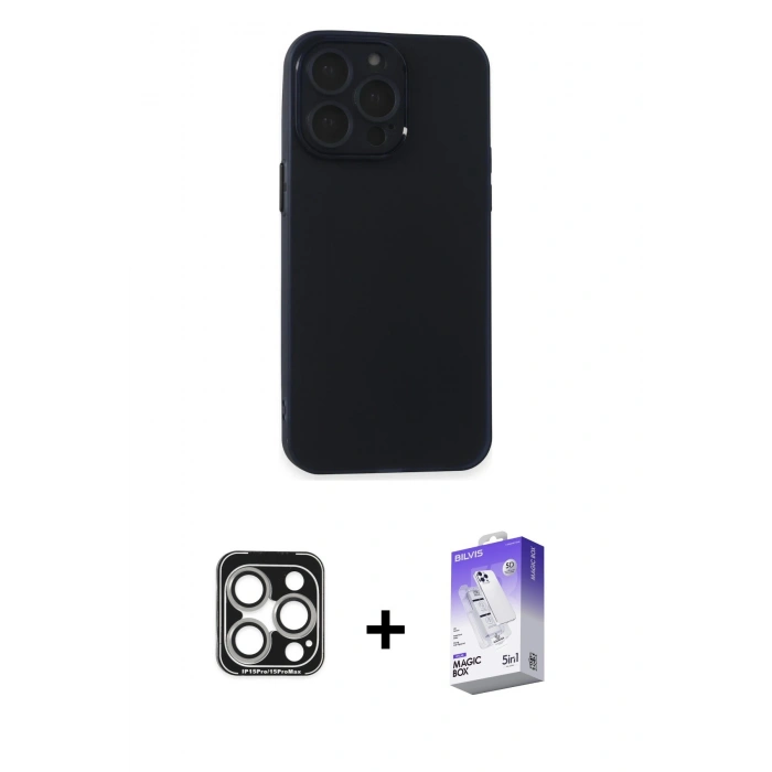MARSİLYAN™- iPhone 15 Pro Max Kılıf Atlas Minimal Prime - Siyah Bilvis 5in1 3D Magic Cam Ekran Koruyucu + PVD Metal Kamera Lens - GS