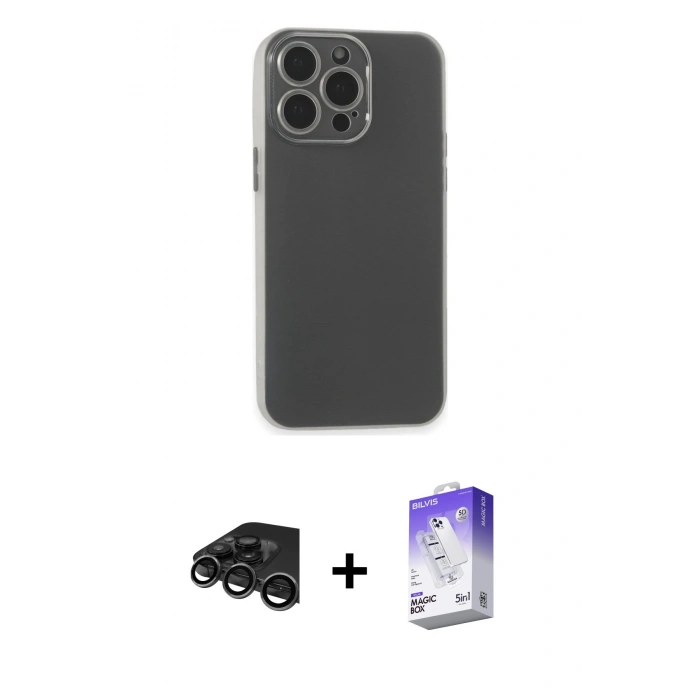 MARSİLYAN™- iPhone 15 Pro Max Kılıf Atlas Minimal Prime - Siyah Bilvis 5in1 3D Magic Cam Ekran Koruyucu + Raze Metal Kamera Lens - TMGI