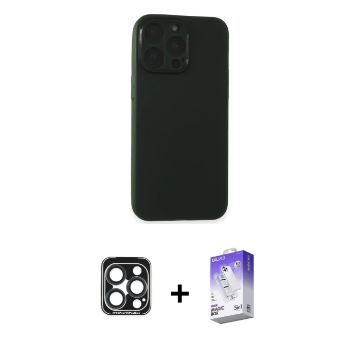 MARSİLYAN™- iPhone 15 Pro Max Kılıf Atlas Minimal Prime - Siyah Bilvis 5in1 3D Magic Cam Ekran Koruyucu + Lacivert PVD Metal Kamera Lens