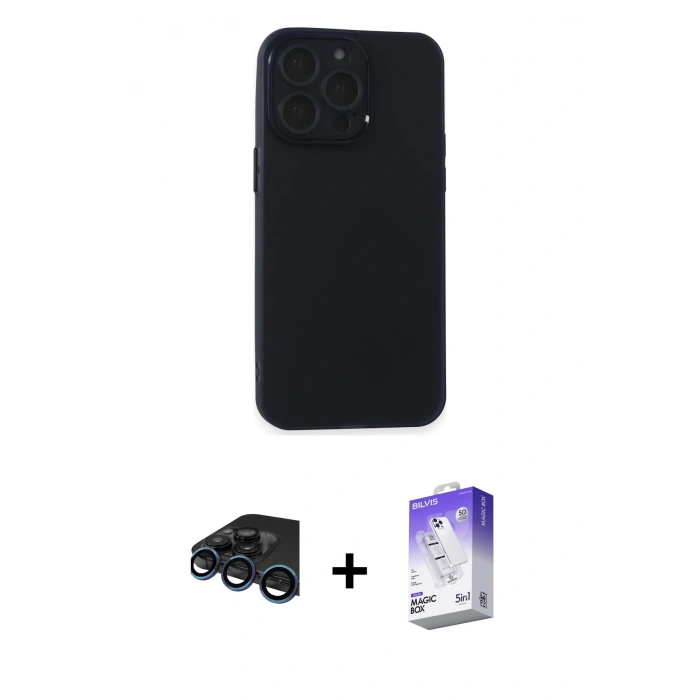 MARSİLYAN™- iPhone 15 Pro Max Kılıf Atlas Minimal Prime - Siyah Bilvis 5in1 3D Magic Cam Ekran Koruyucu + Raze Metal Kamera Lens - LT