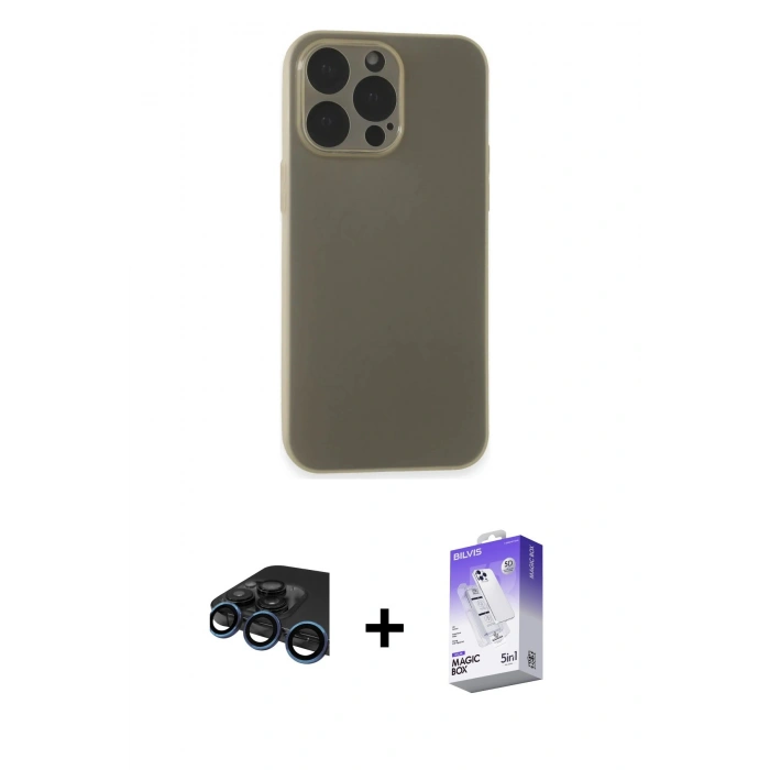 MARSİLYAN™- iPhone 15 Pro Max Kılıf Atlas Minimal Prime - Siyah Bilvis 5in1 3D Magic Cam Ekran Koruyucu + Raze Metal Kamera Lens - LT