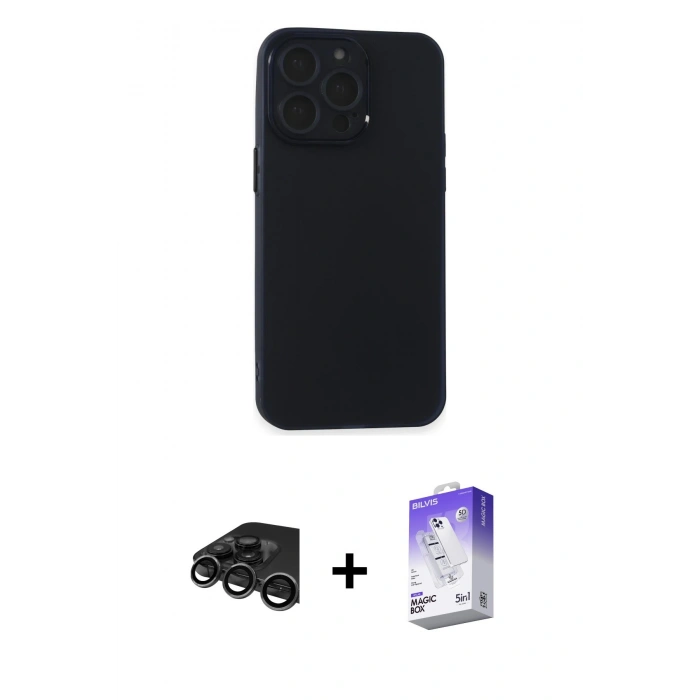 MARSİLYAN™- iPhone 15 Pro Max Kılıf Atlas Minimal Prime - Siyah Bilvis 5in1 3D Magic Cam Ekran Koruyucu + Raze Metal Kamera Lens - TMGI