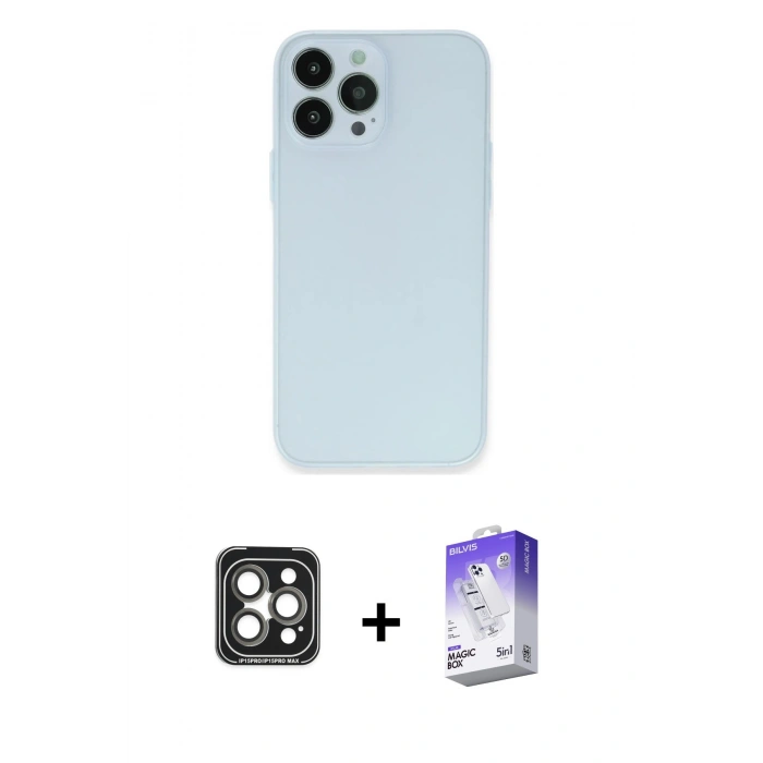 MARSİLYAN™- iPhone 15 Pro Max Kılıf Atlas Minimal Prime - Siyah Bilvis 5in1 3D Magic Cam Ekran Koruyucu + PVD Metal Kamera Lens - GI