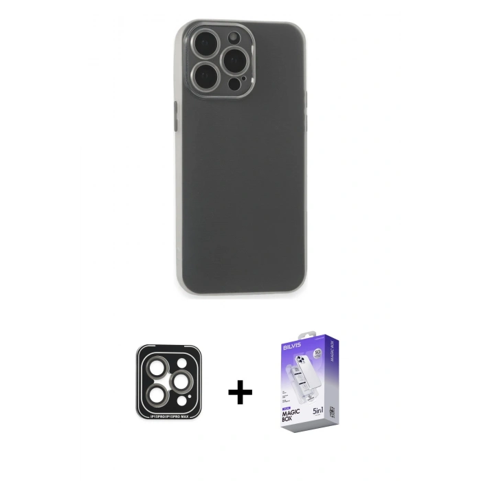 MARSİLYAN™- iPhone 15 Pro Max Kılıf Atlas Minimal Prime - Siyah Bilvis 5in1 3D Magic Cam Ekran Koruyucu + PVD Metal Kamera Lens - GI